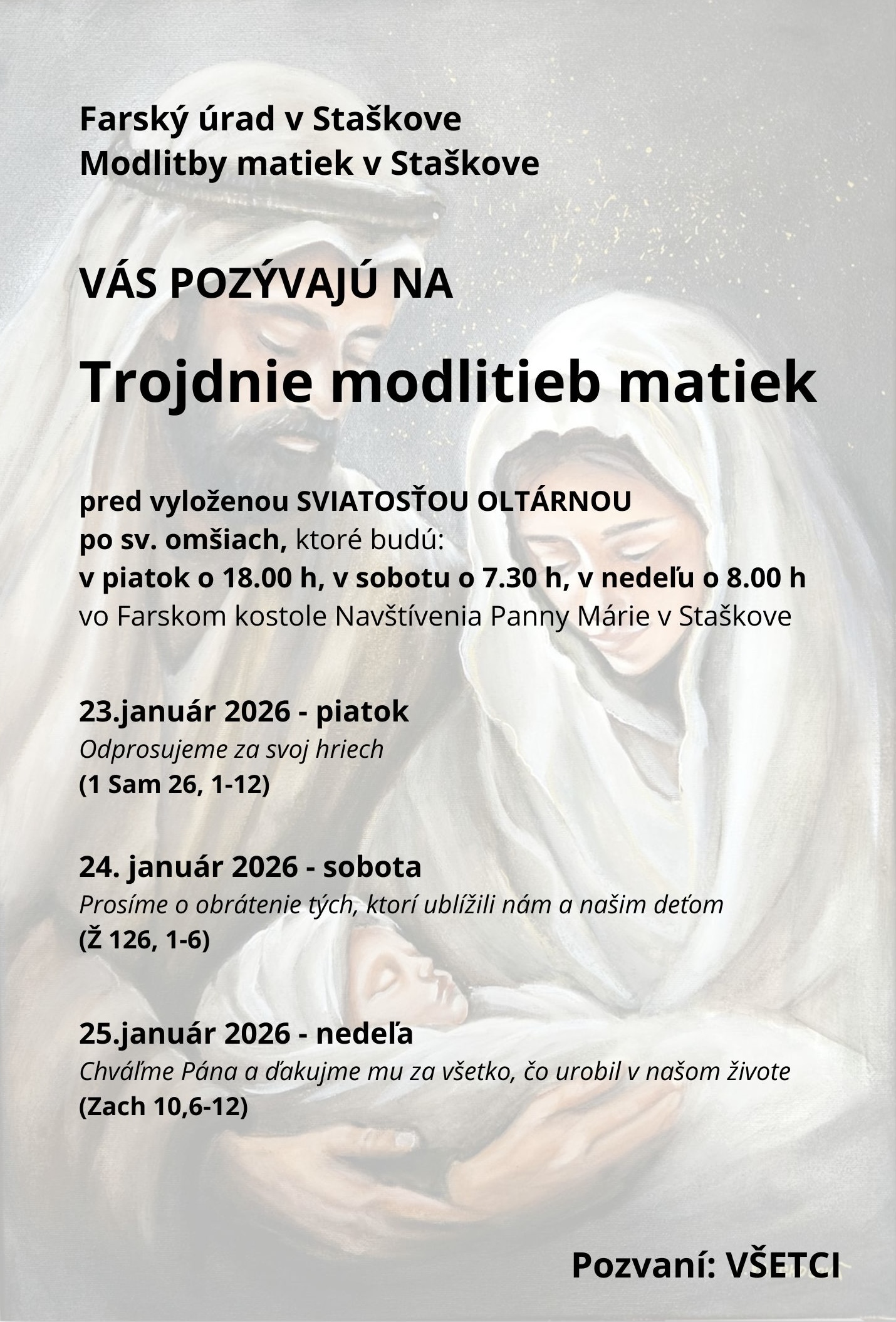 Trojdnie modlitieb matiek 23. -25. 1. 2026