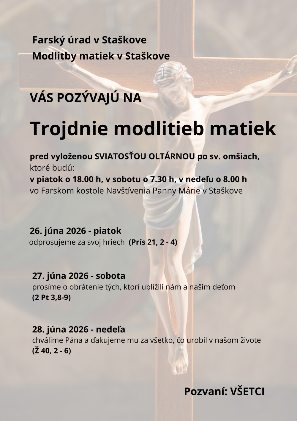 Pozvánka na Trojdnie Modlitieb matiek